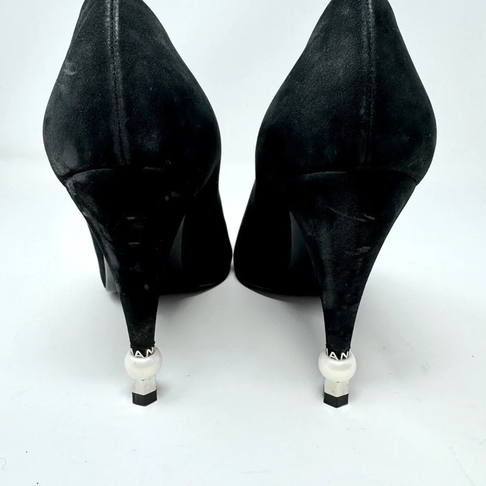 CHANEL Black Suede Pearl Accent Patent Leather Cap Toe Pumps
